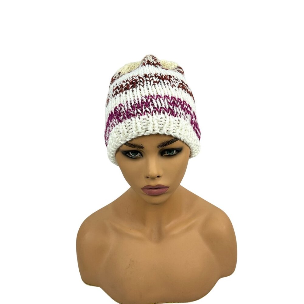 Knitted Striped Womens Winter Beanie Hat Warm Stretchy Burgundy/Purple/White